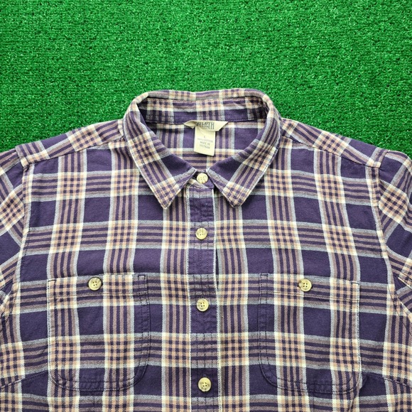 Duluth Trading Shirt Womens Large Purple Tan Plaid Button Up Hiking Long Sleeve - Picture 2 of 7